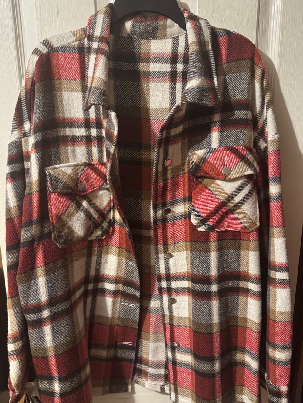 Red and Cream Plaid Button-Up Shacket